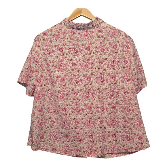 Basic Editions Floral Womens Top 2X Button Up Mature Stretch Office Green Pink - Picture 2 of 10